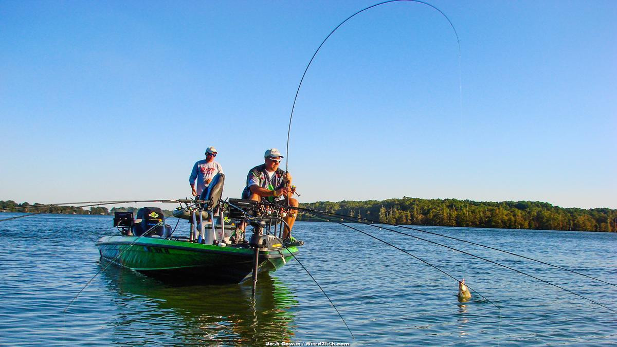 American Ethanol pro Kevin Jones swings a sizable crappie into the boat on a spider rigging rod